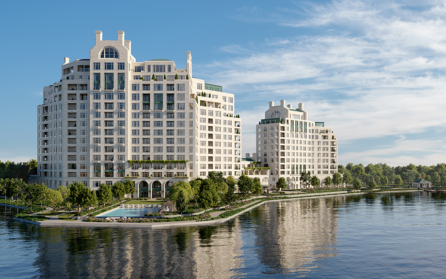 Exterior del edificio y lago circundante