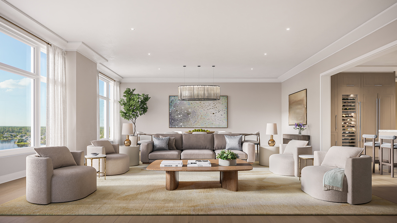 Wide shot of a living room shot and a nearby wine cellar shelf