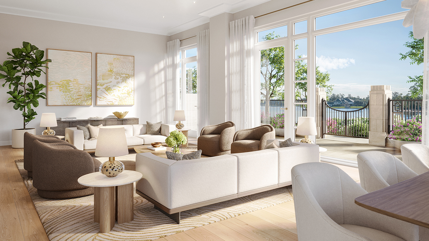 Living room area overlooking the lake from a clear window