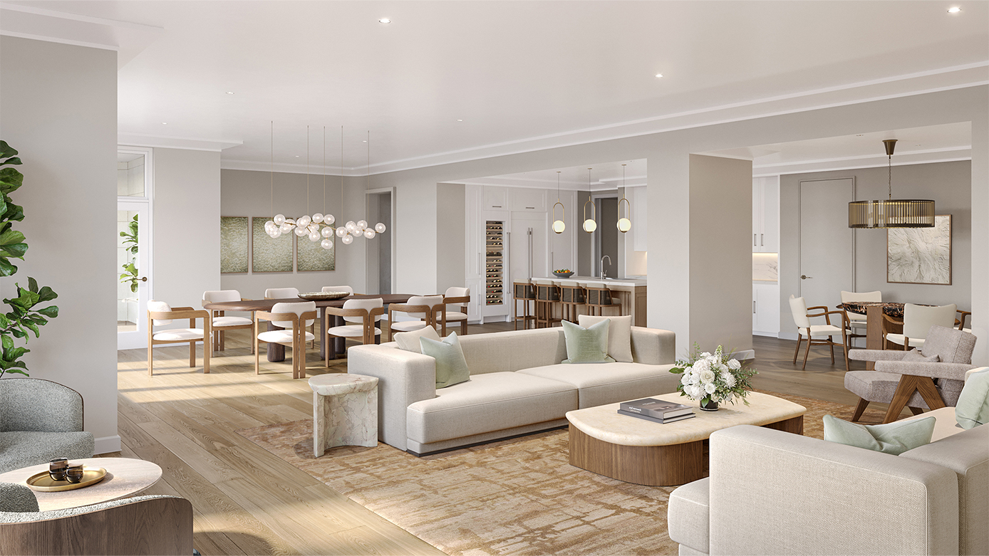 Living room area with a nearby kitchen and view of the outside