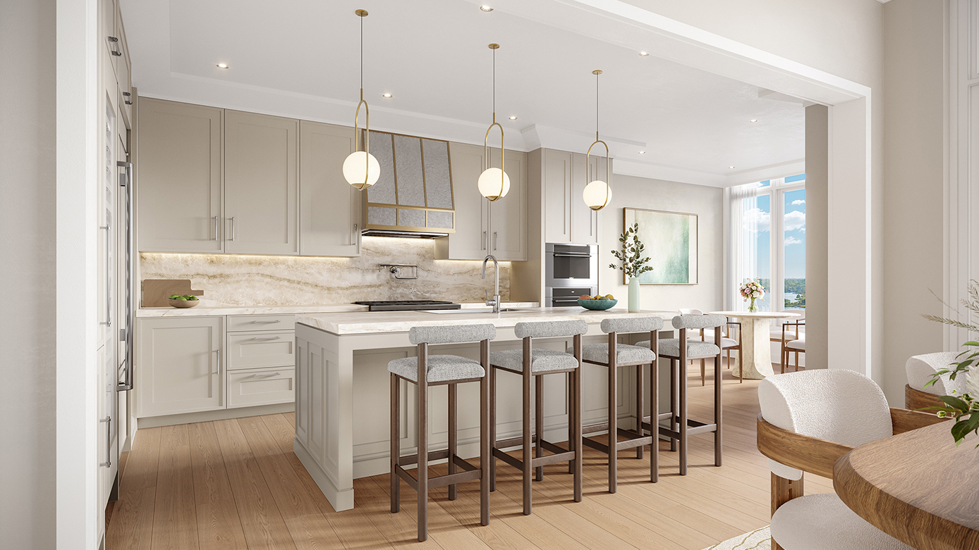 Kitchen with beige cabinetry and seating