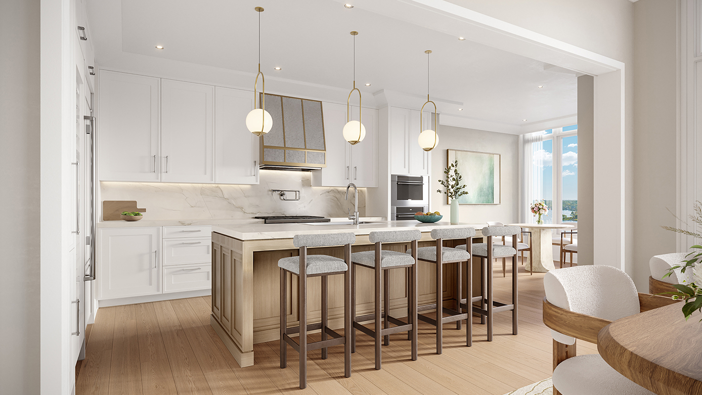 Shot of a kitchen with bright lights and white cabinetry and furniture