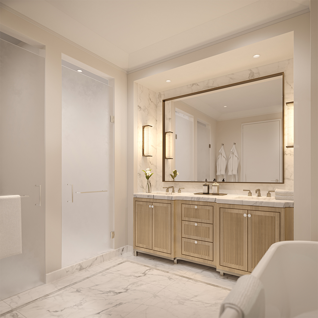 Bathroom with bright lights and white and beige cabinetry